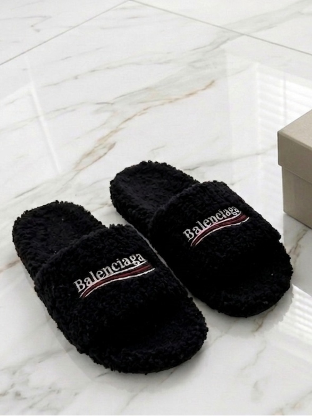 Balenciaga Black Fuzzy Sherpa Slide Slippers with Logo Detail